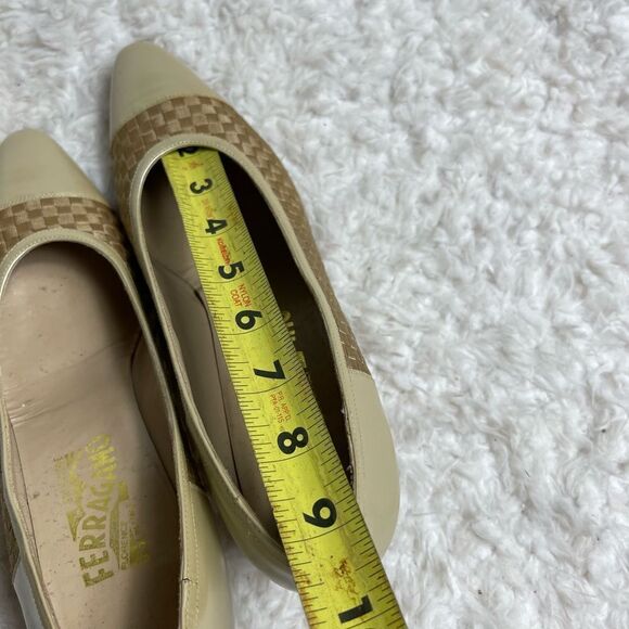 Salvatore Ferragamo light gold Leather & brown Woven Ribbon slip on heels size 9 - Picture 12 of 16